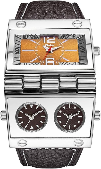 Oulm 9525 Reloj para hombre analógico correa de cuero negro 3 subesferas, Marrón, Movimiento de cuarzo