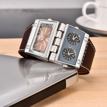 Oulm 9525 Reloj para hombre analógico correa de cuero negro 3 subesferas, Marrón, Movimiento de cuarzo