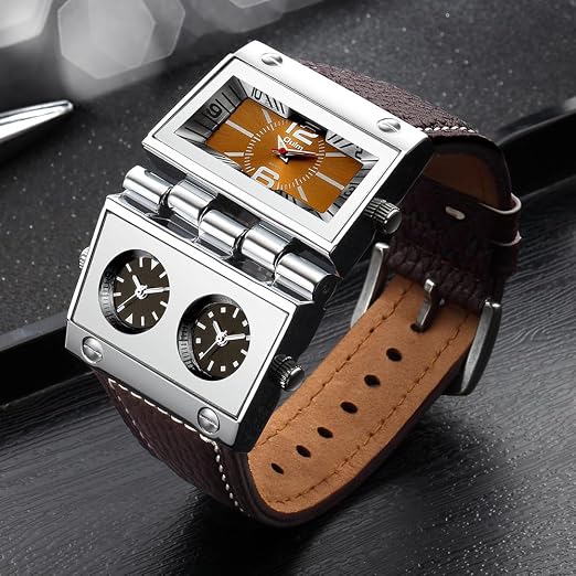 Oulm 9525 Reloj para hombre analógico correa de cuero negro 3 subesferas, Marrón, Movimiento de cuarzo