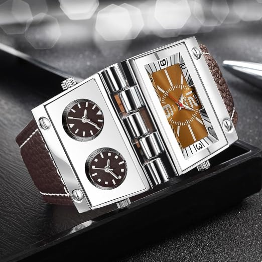 Oulm 9525 Reloj para hombre analógico correa de cuero negro 3 subesferas, Marrón, Movimiento de cuarzo