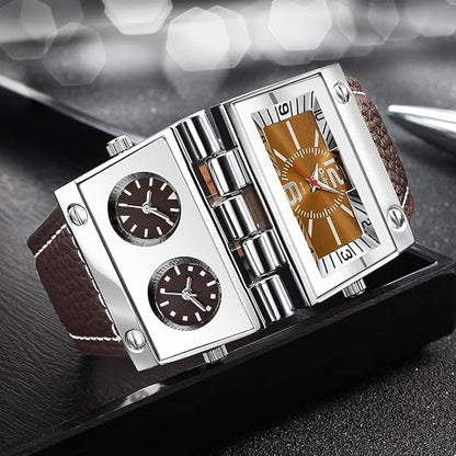 Oulm 9525 Reloj para hombre analógico correa de cuero negro 3 subesferas, Marrón, Movimiento de cuarzo